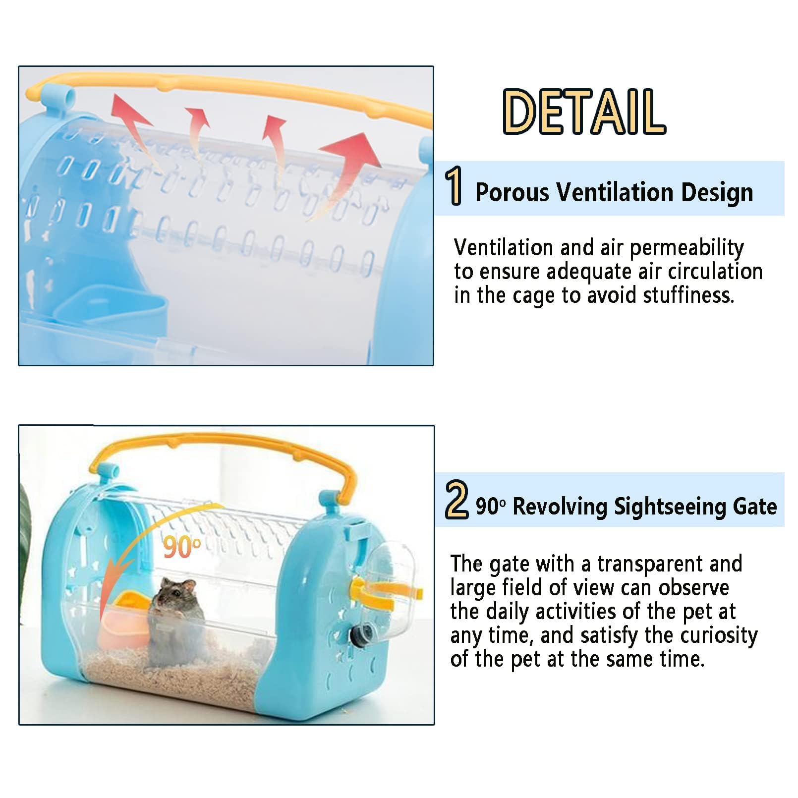 kathson Portable Hamster Cage Dwarf Hamster Carry Travel Cage with Water Bottle Food Bowl Adjustable Strap Pet Outgoing Cage for Gerbil Hedgehog Mice Squirrel
