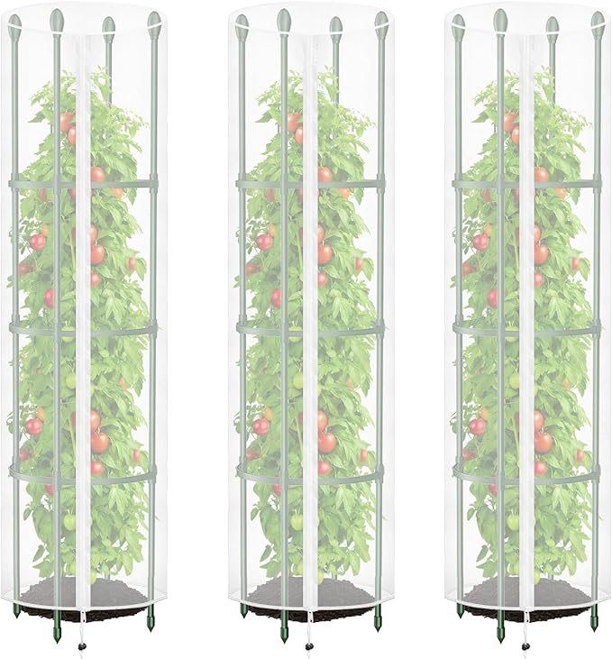 HFYZZ 3 Pcs Round Tomato Cage Bird Netting Plant Cover, 59" x 15.7" Insect Bird Barrier Tomato Cage Protection Cover with Zipper & Drawstring for Protecting Tomatoes, Fruit, Trellis Plants