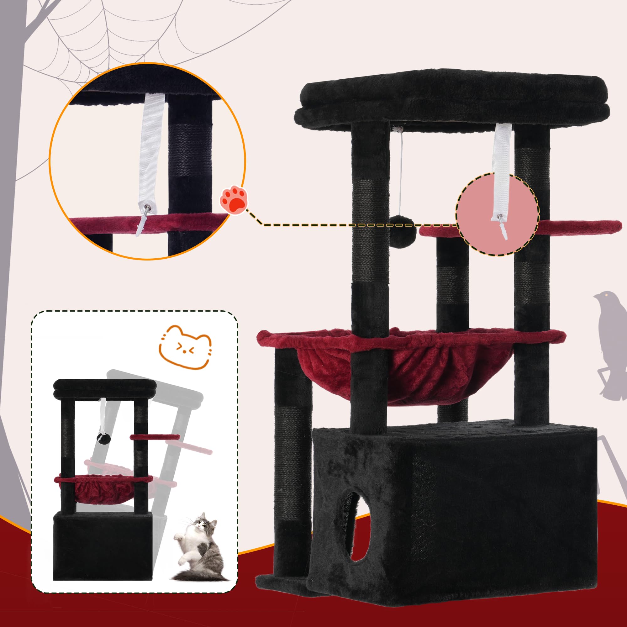 Heybly Cat Tree, Kitten Tower with Large Soft Cat Basket HCT008SBR