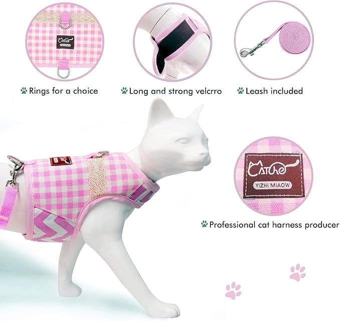 Cat Harness and Leash for Walking Escape Proof, Adjustable Cat Vest Harness, Padded Stylish Cat Walking Jackets, Pink Plaid, Medium