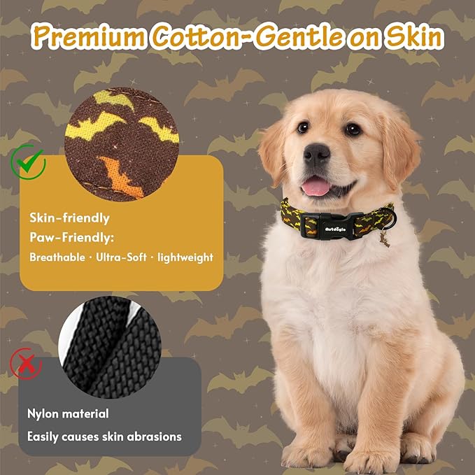 Astdogio Fall Dog Collar, Halloween Dog Collars for Extra Small Dogs, Cotton Puppy Collar with Bat Pattern, Pet Collar for Small Medium Large Dogs, Girl Boy Dogs Collar with Quick Release Buckle-XS