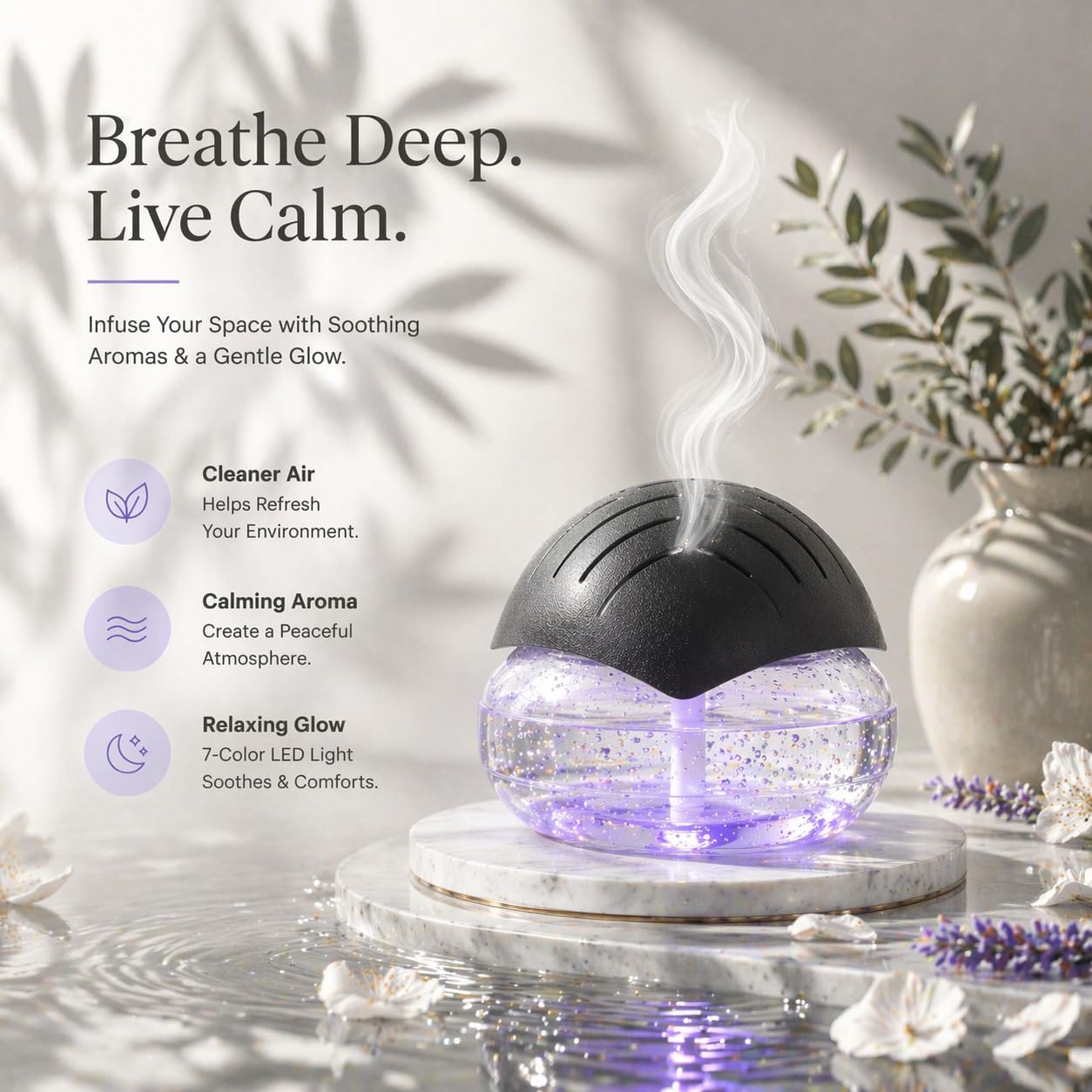Air Freshener（Black） - for Home, Bedroom, Office and Warehouse - Essential Oil Aroma Diffuser with LED Color Night Light and Soothing Water Flow Sound - for Pets and Smokers.