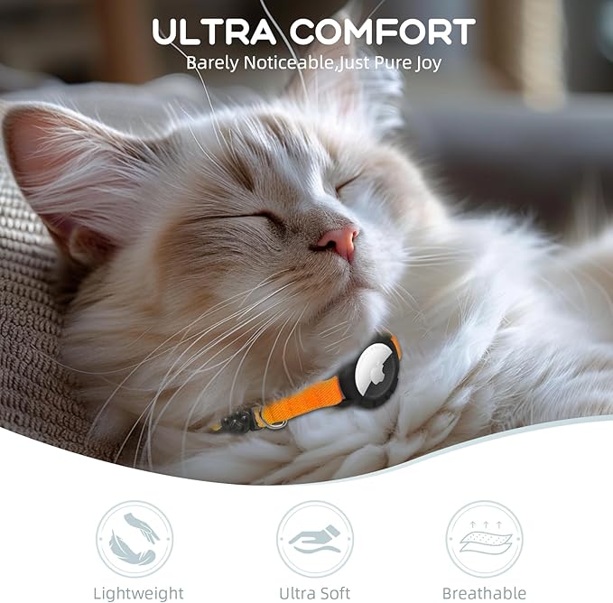 AirTag Cat Collars, Stretchy Collar with Apple AirTag Holder and Bell, Breakaway Ultra Design Elastic GPS Tracking Collars for Cats and Puppies, (7.5-12.5 Inch), Orange