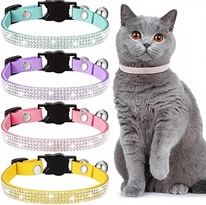 Weewooday 4 Pieces Rhinestones Cat Collars Breakaway Cat Collar with Bell Bling Pet Accessories with Soft Velvet, 4 Colors(XS, Pink)
