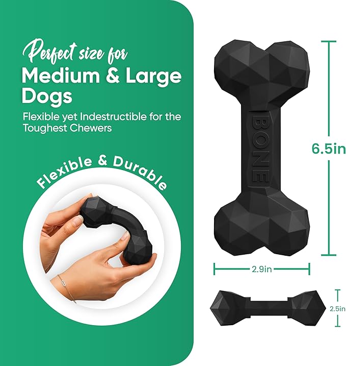 Natural Rubber Dog Chew Bone Toy for Aggressive Chewers – Indestructible Rubber Dog Toys for Large & Medium Dogs – Treat Dispensing Durable Chew Bone – Dental Care & Boredom Relief (Black)