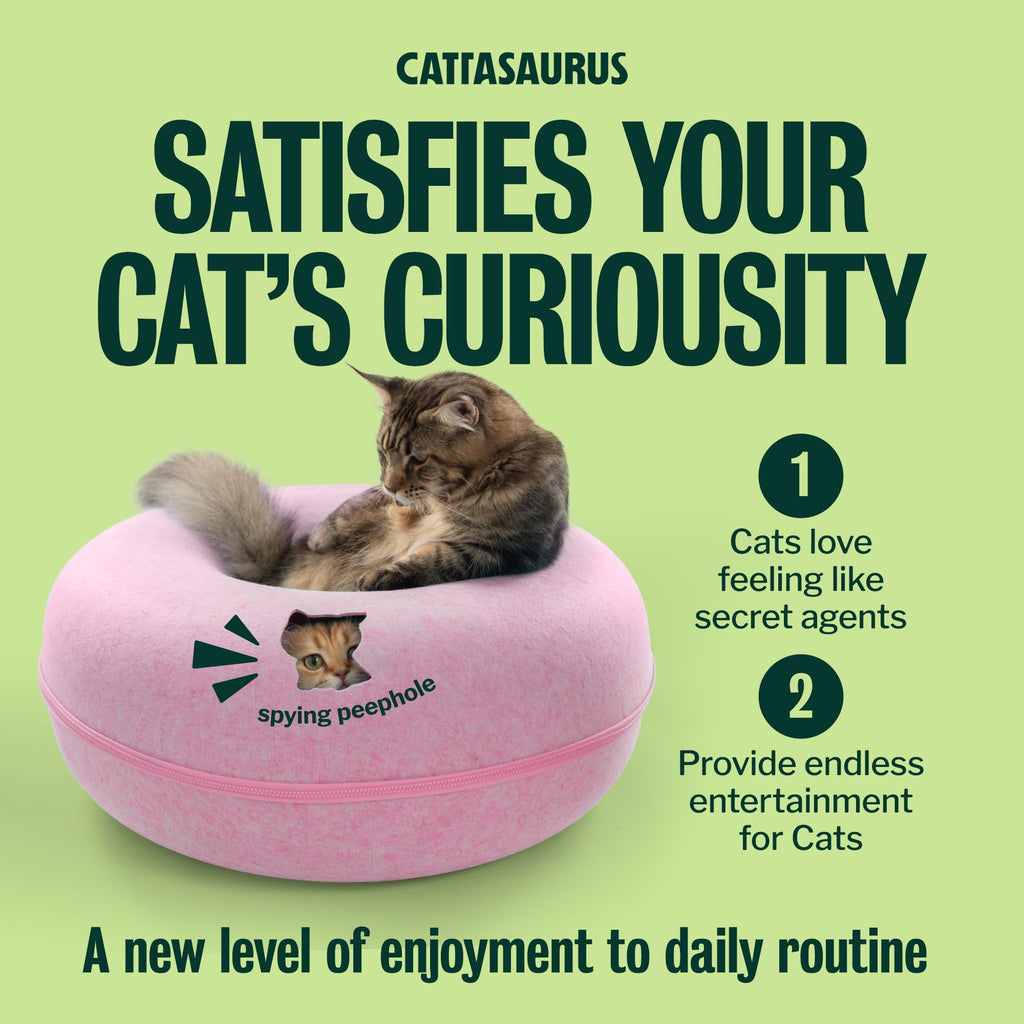 Cattasaurus Peekaboo Cat Cave Donut for Multiple & Large Cats up to 30-45 lbs, 3-in-1 Self Warming Cat Bed, Tunnel & Scratcher for Indoor Cats, Washable & Detachable Small Dog Bed (Pink, Jumbo)