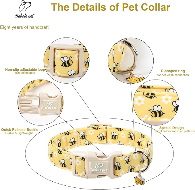 Bee & Daisy Dog Collar for Puppy Small Dogs - Spring/Summer Cartoon Yellow Dog Collars, Lightweight Adjustable Male Female Dogs Collars with Quick Release Buckle XS