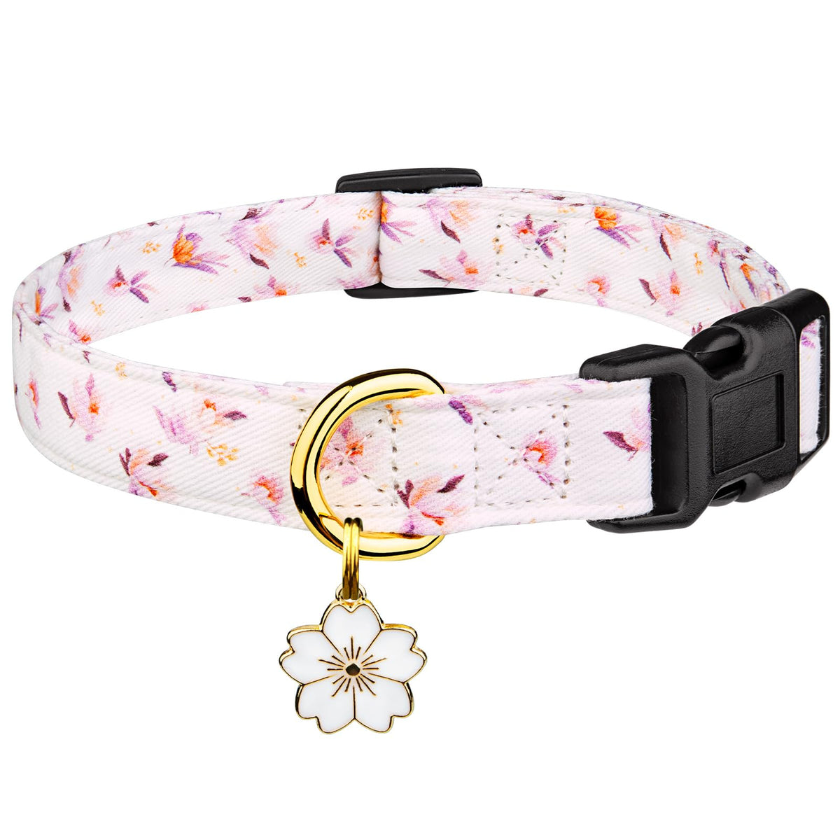 Cotton Dog Collar Pink Flower with Pendant Cute Dog Collar S