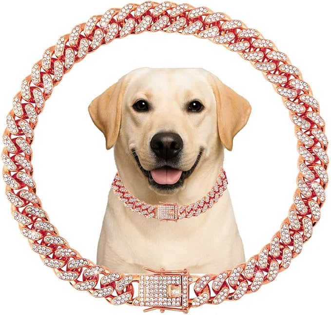 Dog Collar Cuban Link Rose Glod Crystal Dog Necklace Metal Chain Collar with Design Secure Buckle Pet Collar Jewelry Accessories for Small Medium Large Dogs Cats(Rose Glod 14inch)