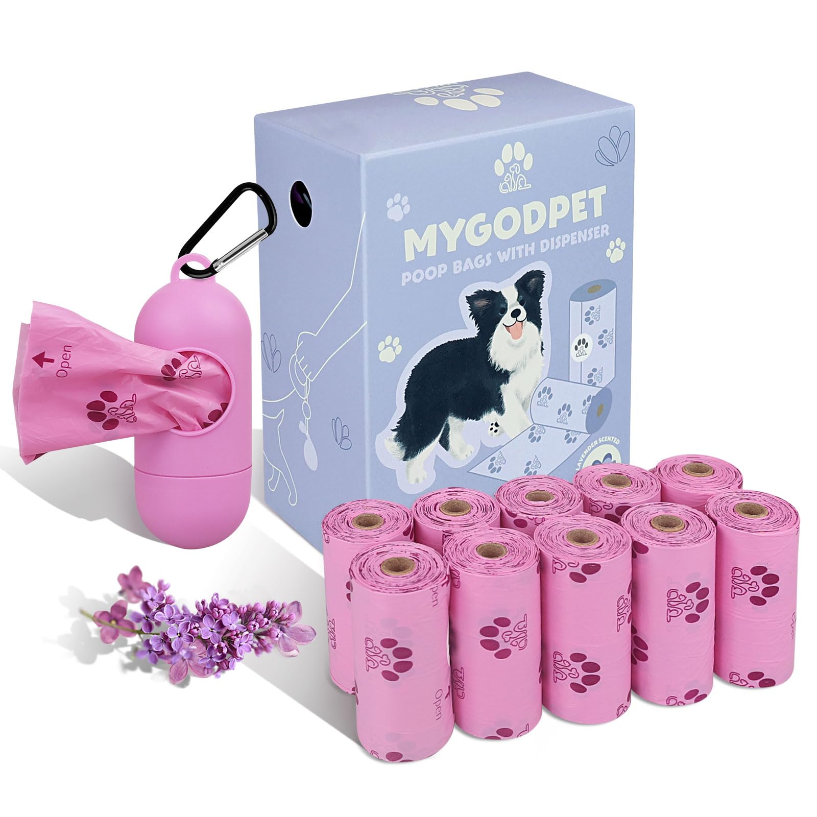 MYGODPET Dog Poop Bags Rolls with Dispenser 150 Count Biodegradable Bags for Dog and Cat Lavender Scented Waste Bag Leak Proof Doggie Poop Bag Doggy Trash Bag Purple