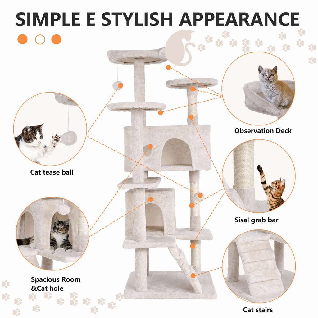 GINMAON Cat Tree for Indoor Cats, Multi-Level Cat Tower with Scratching Posts & Cozy Condo, Space Saving Cat Activity Center, Durable Pet Play House (54in,Beige)