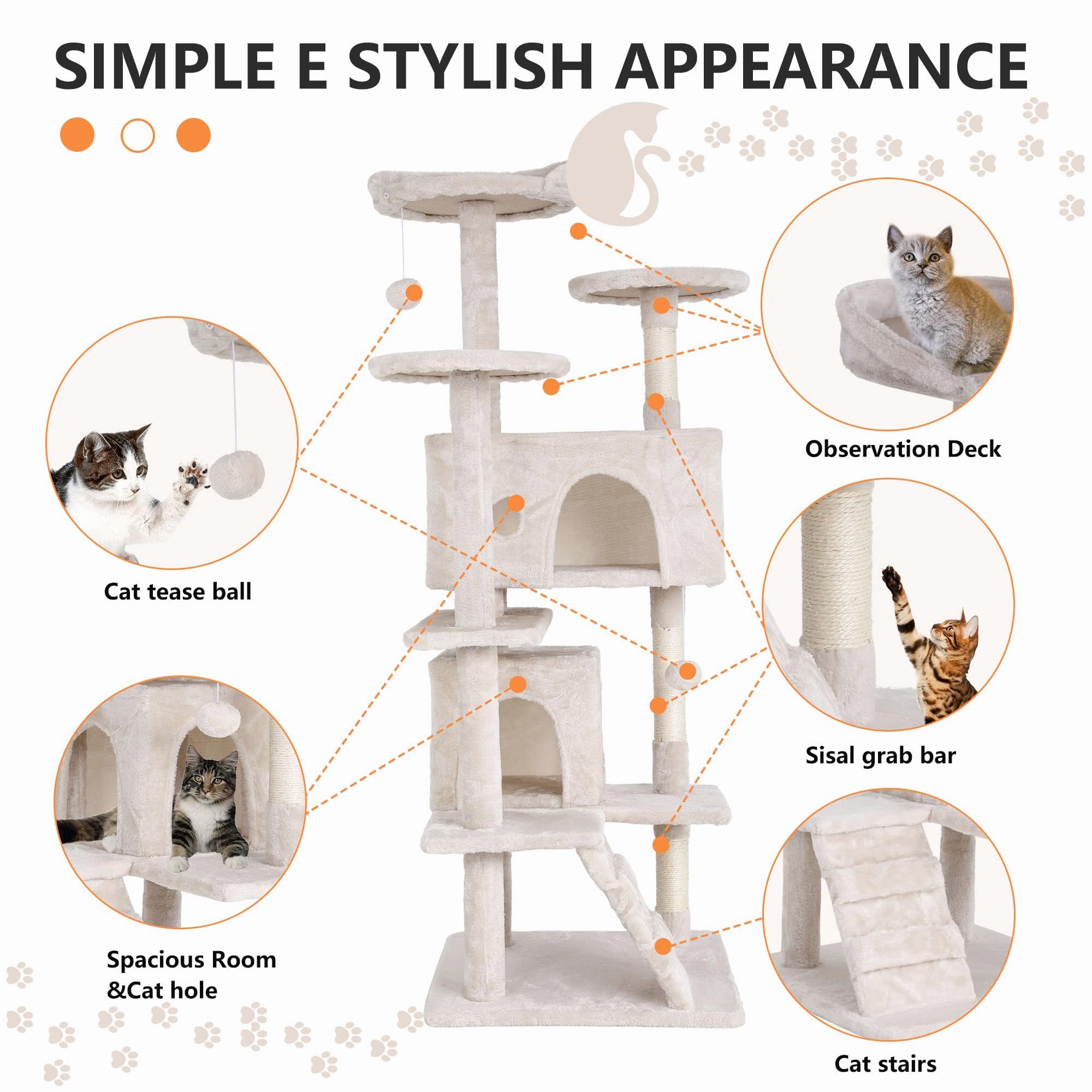 GINMAON Cat Tree for Indoor Cats, Multi-Level Cat Tower with Scratching Posts & Cozy Condo, Space Saving Cat Activity Center, Durable Pet Play House (54in,Beige)