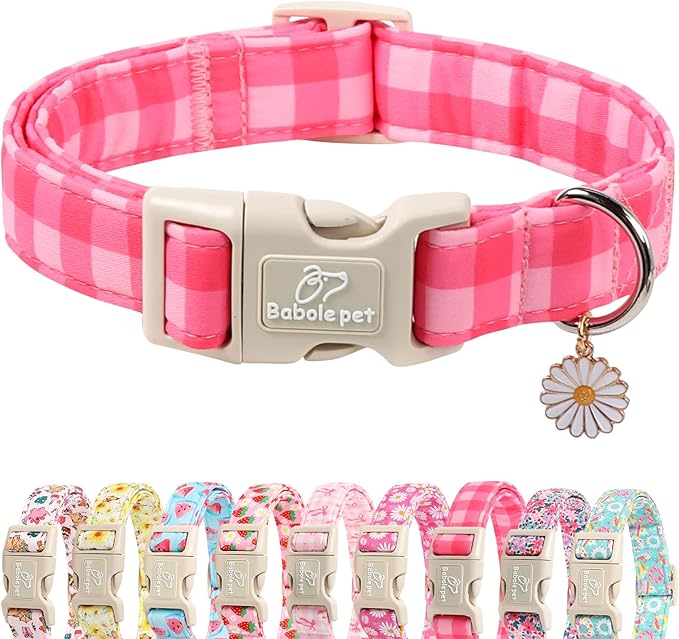 Babole Pet Girl Dog Collar for Giant Large Dogs - Cute Pink Plaid Puppy Collar, Soft Adjustable Spring Summer Female Dog Collars with Quick Release Buckle XL