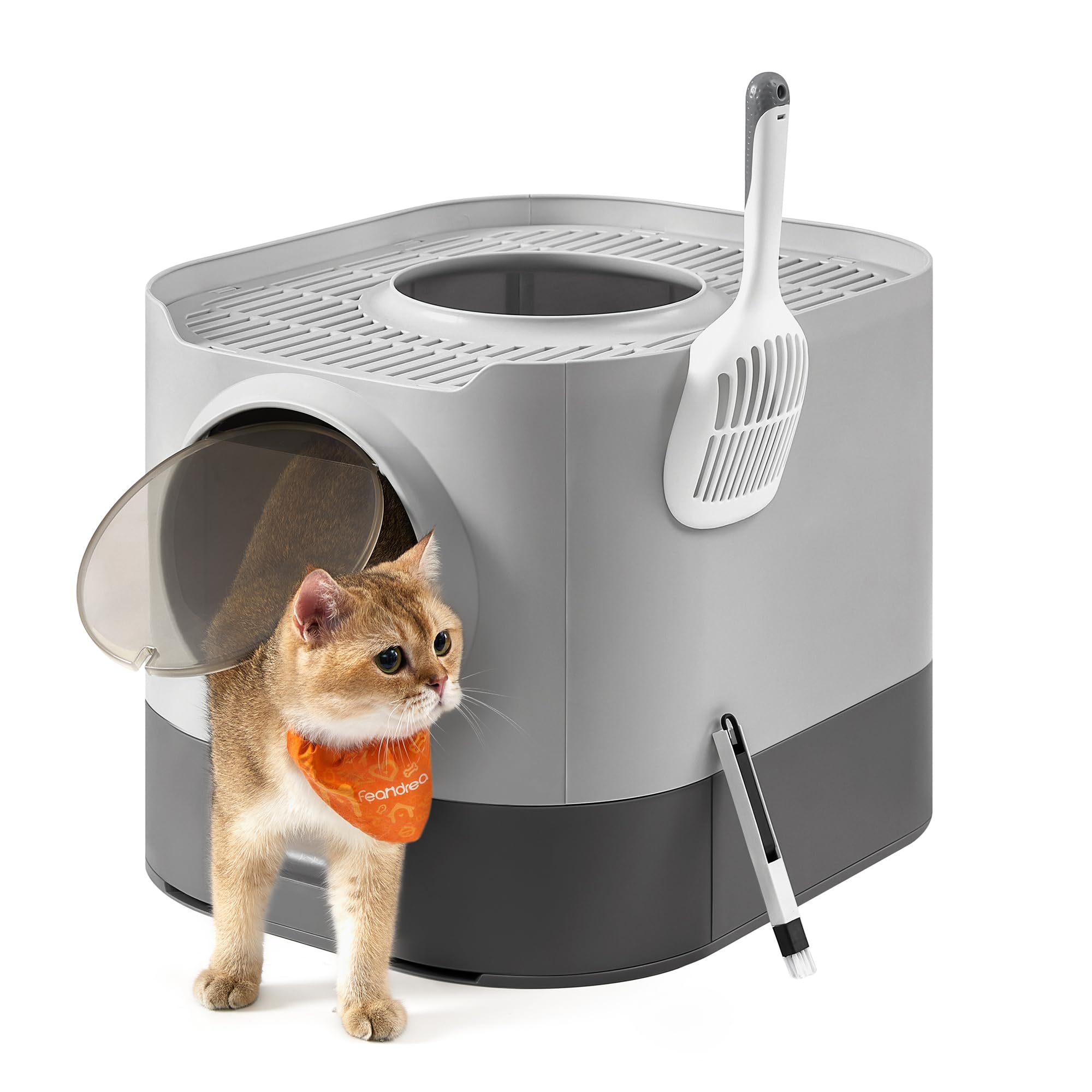 Feandrea Cat Litter Box with Lid, XL Enclosed Litter Box with Slide-Out Tray, Scoop, Brush, Anti-Tracking, for Cats of Different Sizes, Dove Gray and Slat Gray UPPT002B01