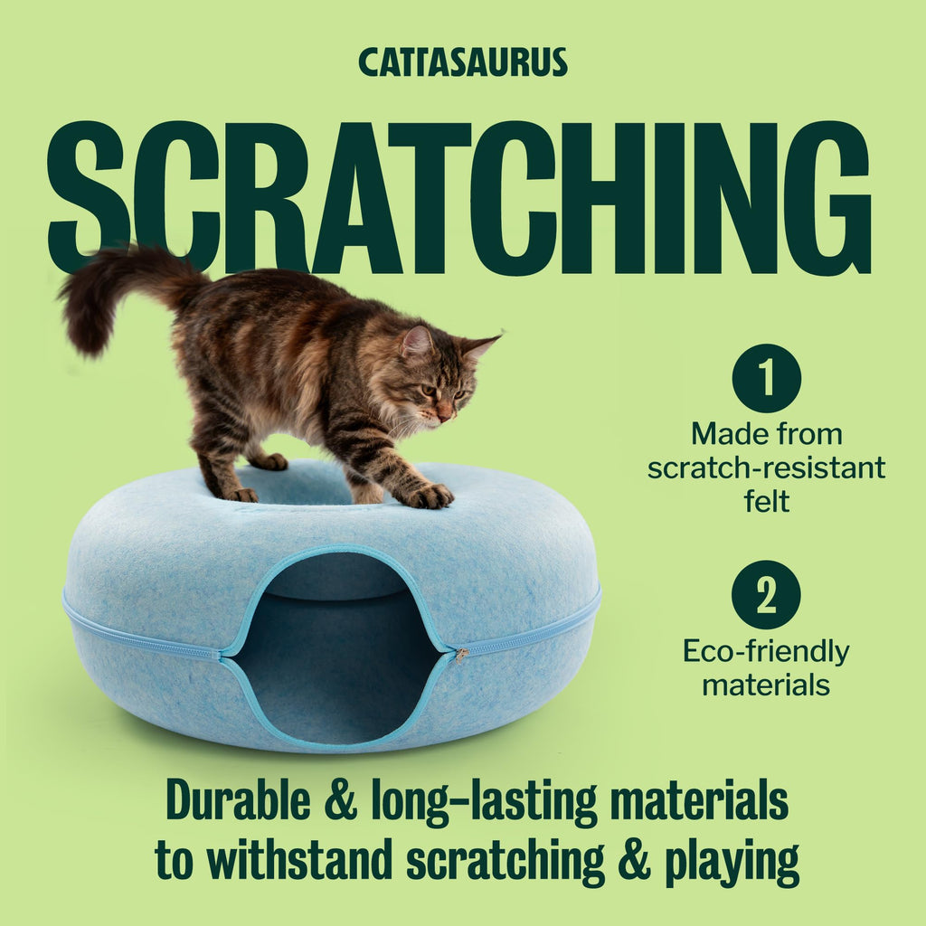 Cattasaurus Peekaboo Cat Cave Donut for Multiple & Large Cats up to 30-45 lbs, 3-in-1 Self Warming Cat Bed, Tunnel & Scratcher for Indoor Cats, Washable & Detachable Small Dog Bed (Blue, Jumbo)
