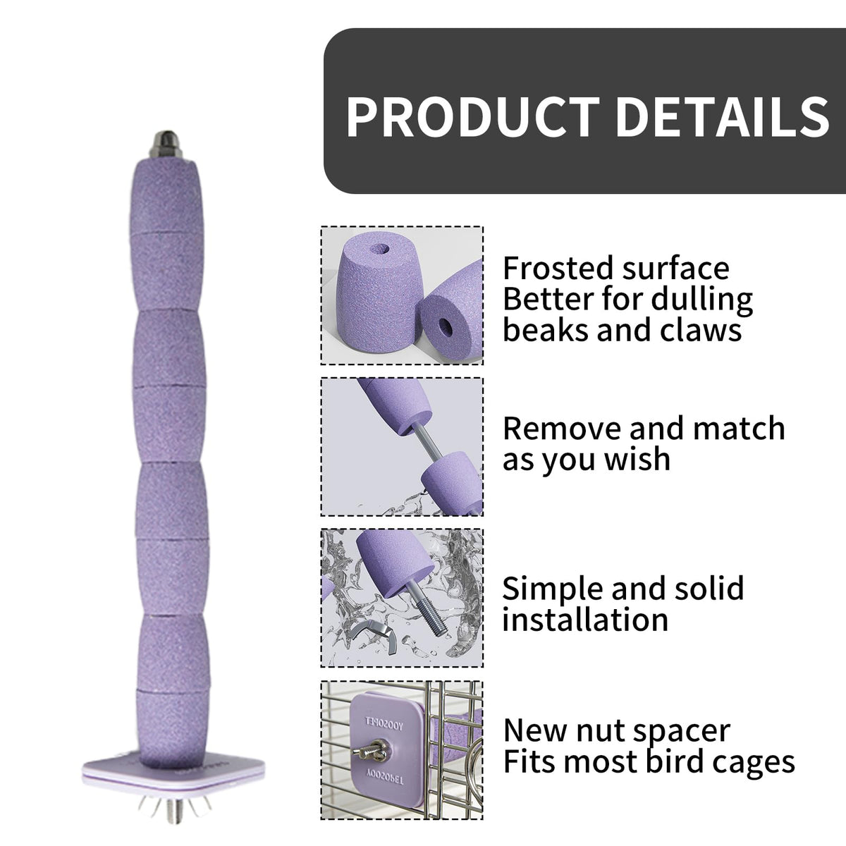 YOOSO WING Parrot Perch Birds Nail File Perch Abrasive Surface Ceramic Paw Grinding Stick – Bird Nail File – for Parrots, Budgies, Parakeets, and Cockatiels Bird Cage Accessory (Purple, 7.8Inch)
