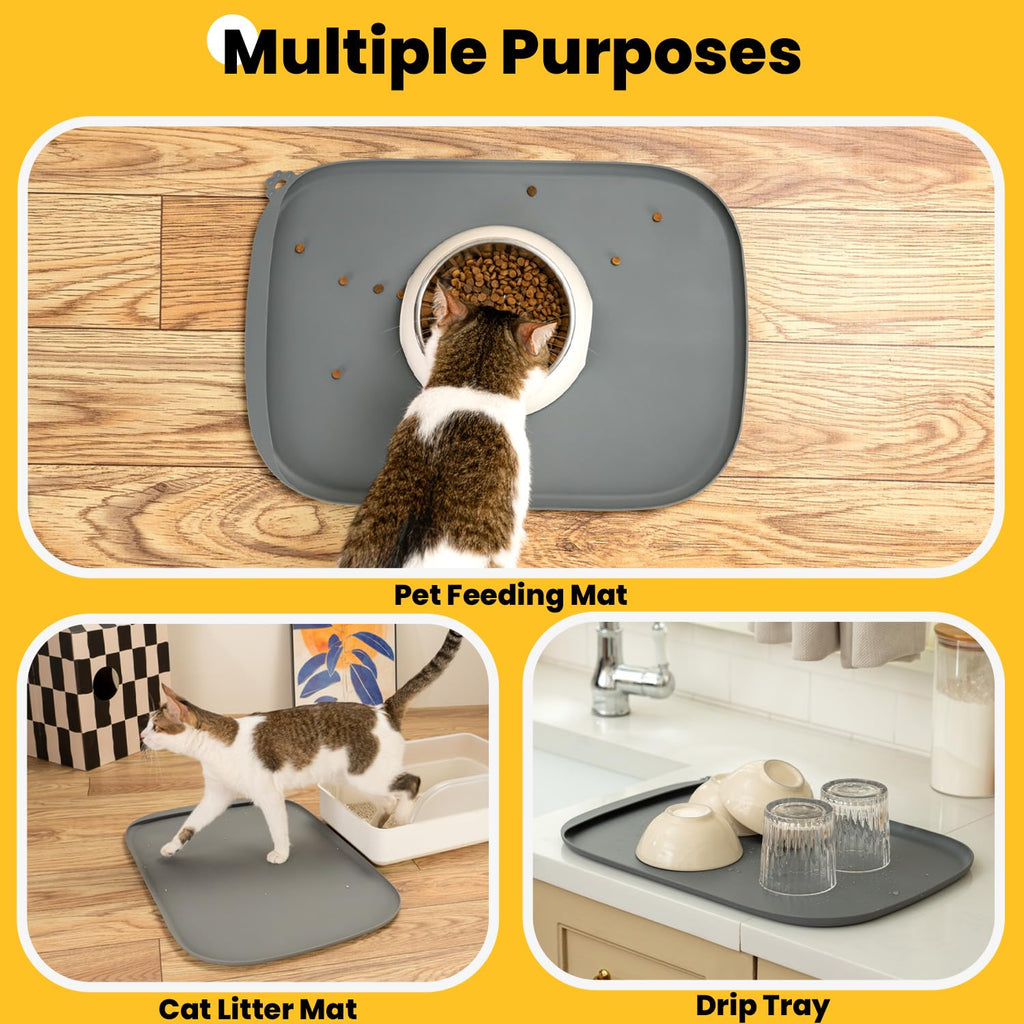 Silicone Dog Food Mat with Side Pocket & Hook Hole, Soft Raised Edges, Easy Clean Waterproof Non-Slip Pet Feeding Mat for Cats and Dogs Water Bowl, Pets Accessories(24"x16",Grey)