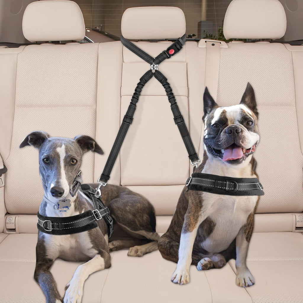 KOOK UDU Dog Seat Belt for Car, Dual Pet Vehicle Headrest Restraint Safety Seatbelt,Two Dog Leash No Tangle Dog Car Leash Seat Belt,Duty Adjust Elastic Connect Harness in Vehicle Travel(Black)