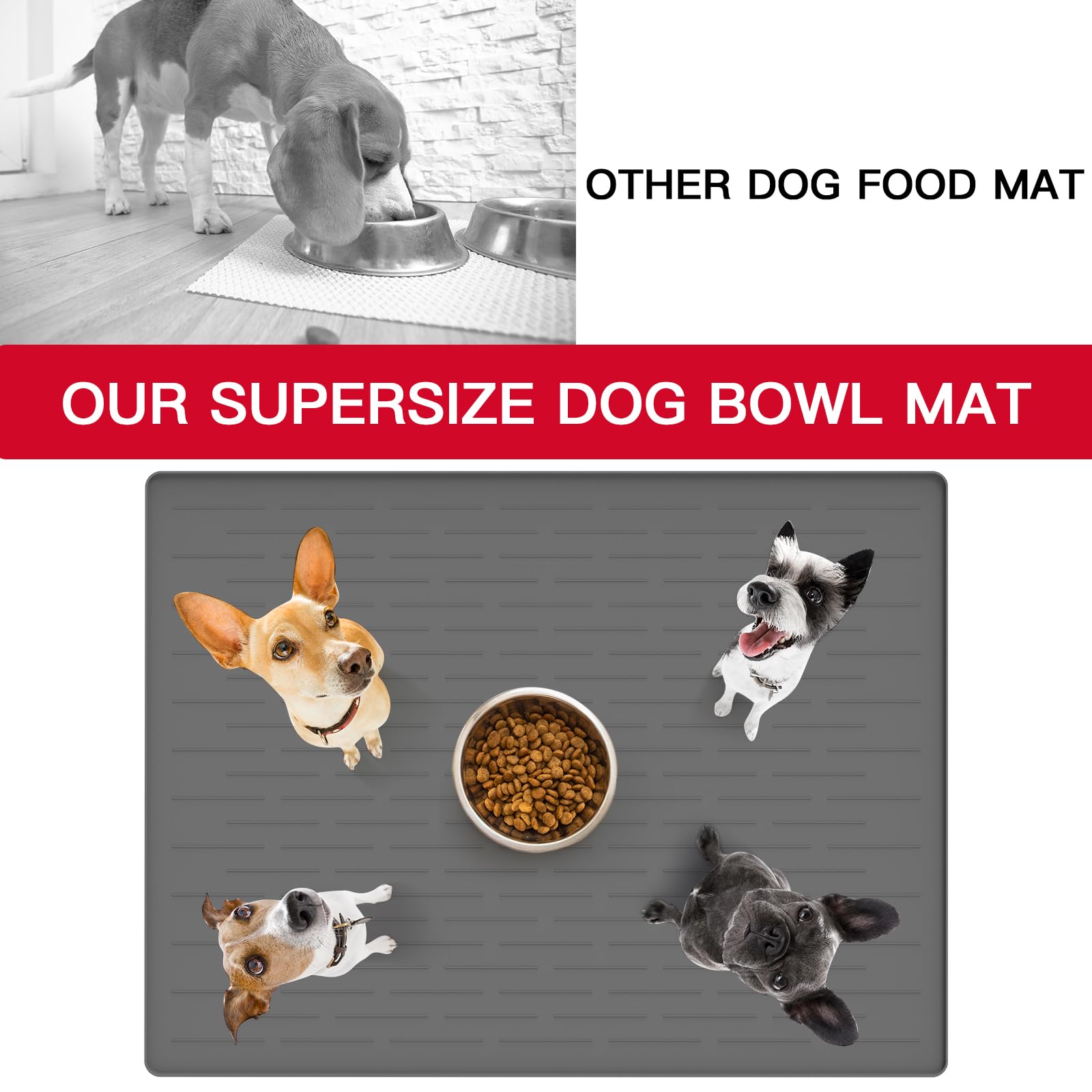 39.4"x29.5" Large Pet Food Mat, Silicone Dog Mats for Food and Water, Nonslip Pet Feeding Mats for Floors,Dog Cat Bowl Mat with Raised Edges, Dark Gray
