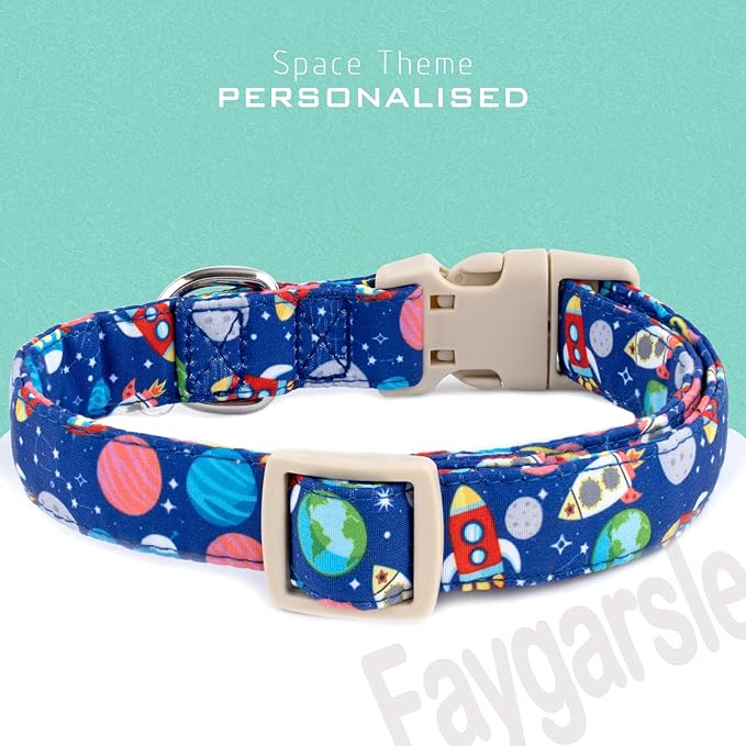 Faygarsle Space Theme Dog Collar, Navy Blue with Rockets and Planets Pattern for Summer Small Medium Large Dogs, XS