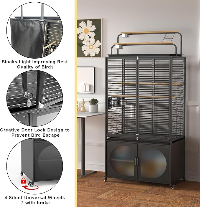 GDLF 72-Inch Parrot Bird Cage with Play Top and Storage Cabinet
