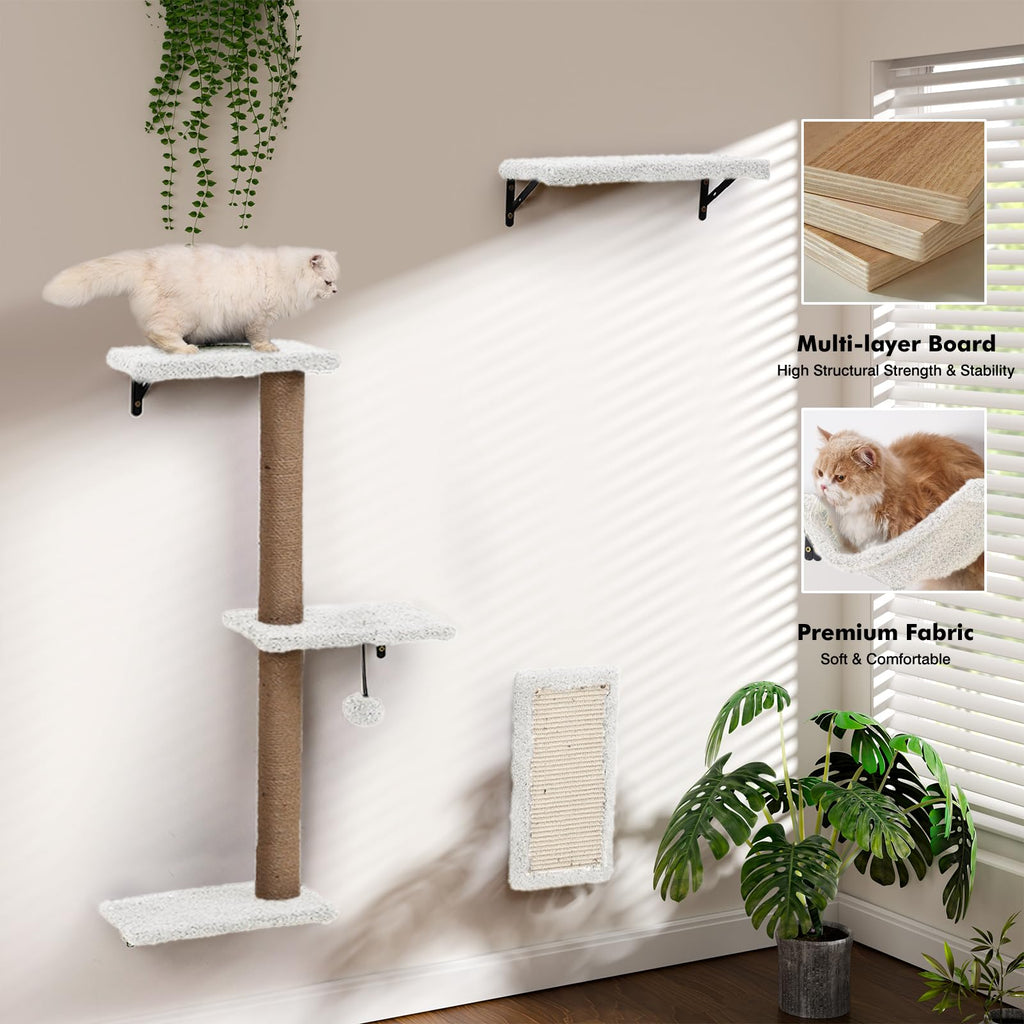 5-in-1 Cat Wall Shelves, Multi-Level Cat Climbing Furniture, Perch & Lounge for Indoor Cats, Space-Saving Wall Mounted Shelves for Play & Rest (Natural Wood) - White