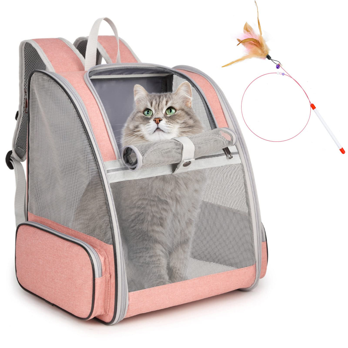 Cat Backpack Carrier, Small Dog Carrier Backpack with Fully Ventilated Mesh, Kitten Wand Feather Toy & Safety Leash, Collapsible Travel Hiking Pet Carrier for Small Dogs Cat Puppy Kitten Bunny (Pink)