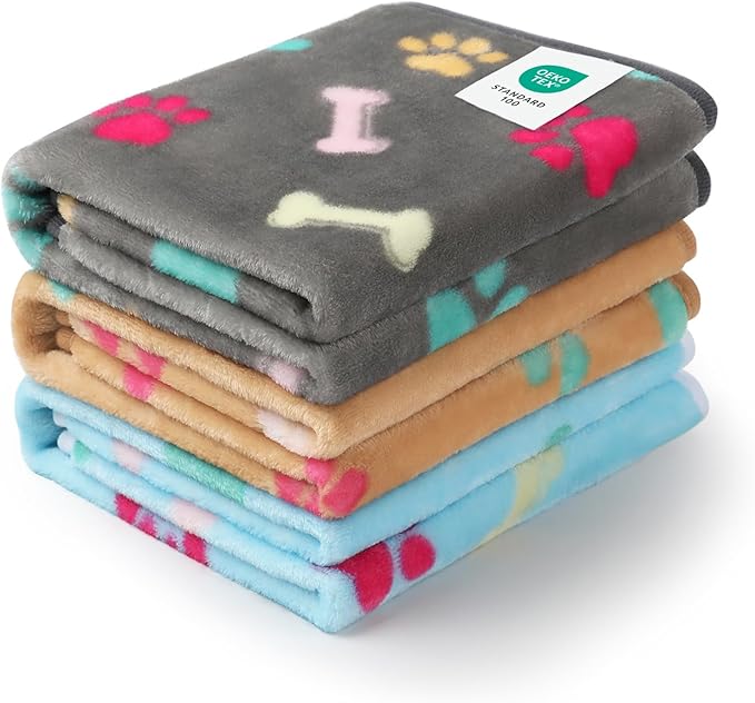Luciphia 1 Pack 3 Blankets Fluffy Premium Fleece Pet Blanket Flannel Paw Printed Throw for Dog Cat(Small 23x16'', Grey/Brown/Blue)