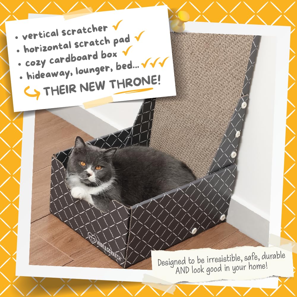 Hide & Scratch Cardboard Cat Scratcher Box & Bed - Dark Grey Diamond (Vertical L-Shaped) | Double-Sided Corrugated Pad for Indoor Cats | Refillable Scratching Board Toy for Play & Furniture Protection