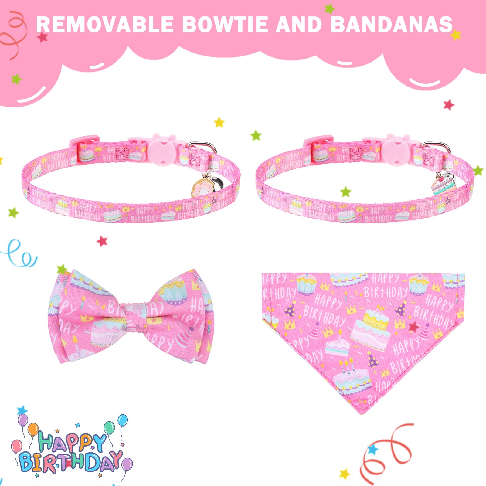 SCENEREAL Cat Bandana Collar for Birthday - 2 Pack Breakaway Kitten Collars With Bell Bowtie, Accessories for Pets, Adjustable Cute for Cats and Small Dogs Boys Girls, (Pink)