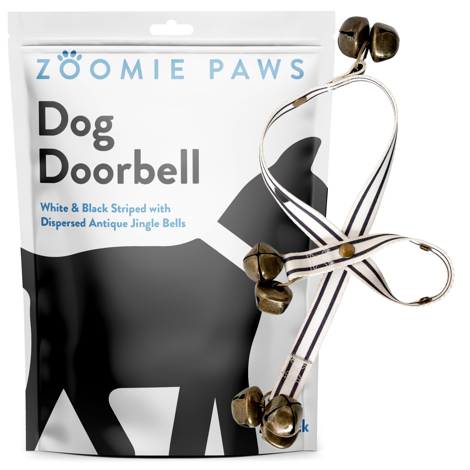 Dog Puppy Training Bell Potty and Outdoor Training Doorbell - Zoomie Paws, Black and White Strap with Bells