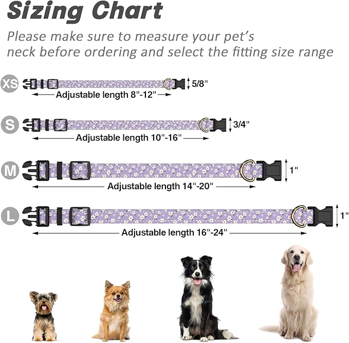 TMOODEL Reflective Dog Collar for Medium Dogs, Cute Flower Theme Adjustable Heavy-Duty Nylon Puppy Collar for Boy and Girl Female, Soft Pet Accessories with Quick Release Buckle, Purple White
