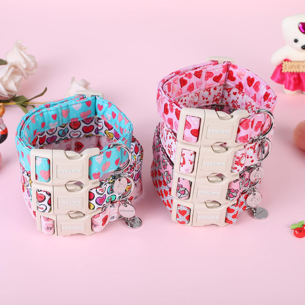 DOGWONG Valentine's Dog Collar - Blue Heart Adjustable Cotton Heart Dog Collar - Perfect for Small, Medium, Large Dogs