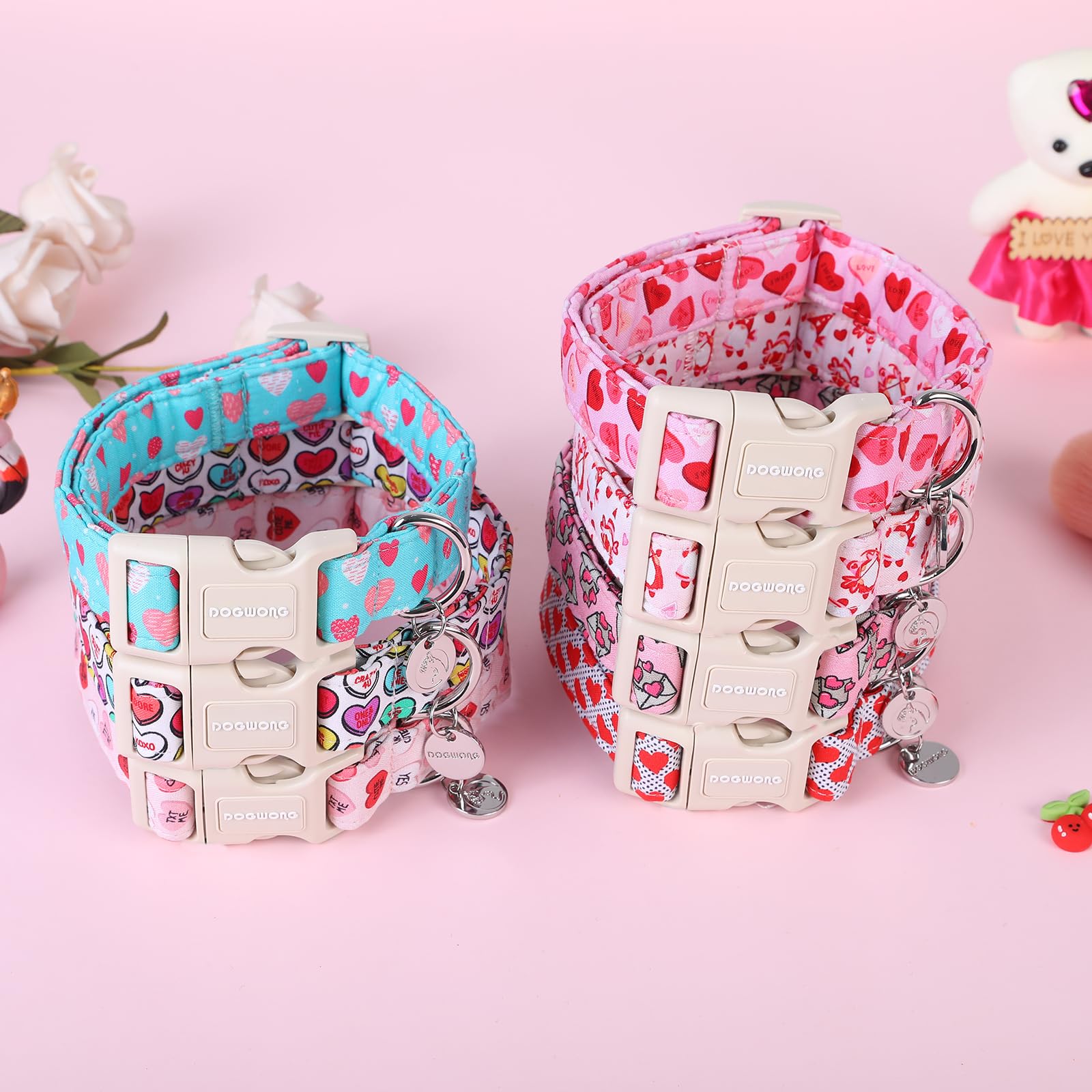 DOGWONG Valentine's Dog Collar - Blue Heart Adjustable Cotton Heart Dog Collar - Perfect for Medium & Large Dogs
