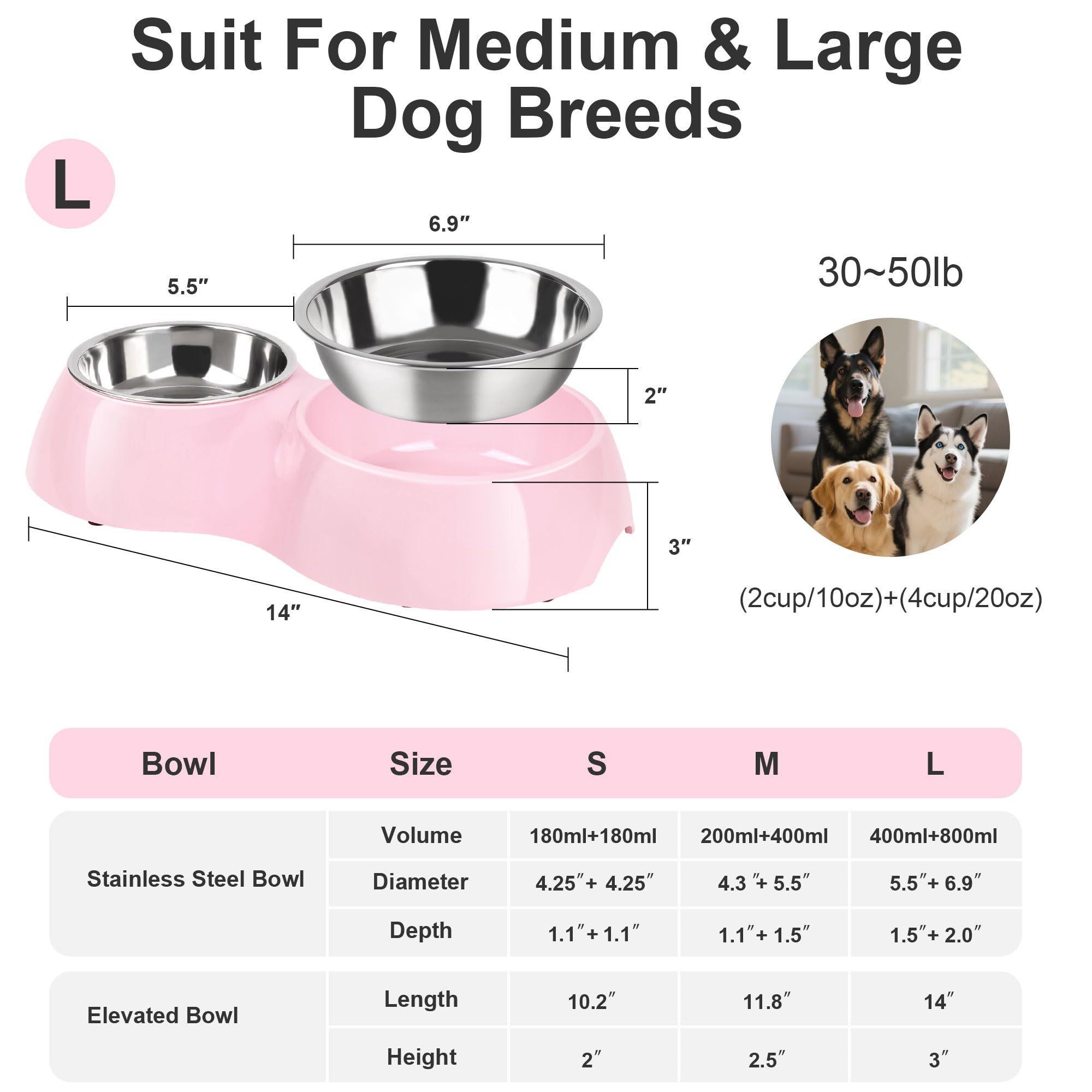 PetVillage Elevated Dog Bowls Set - Non-Slip Raised Pet Feeder with Medium (10 oz) & Large (20 oz) Stainless Steel Bowls - Includes Durable Resin Stand for Corgi Puppies and Adult Cats - Pink