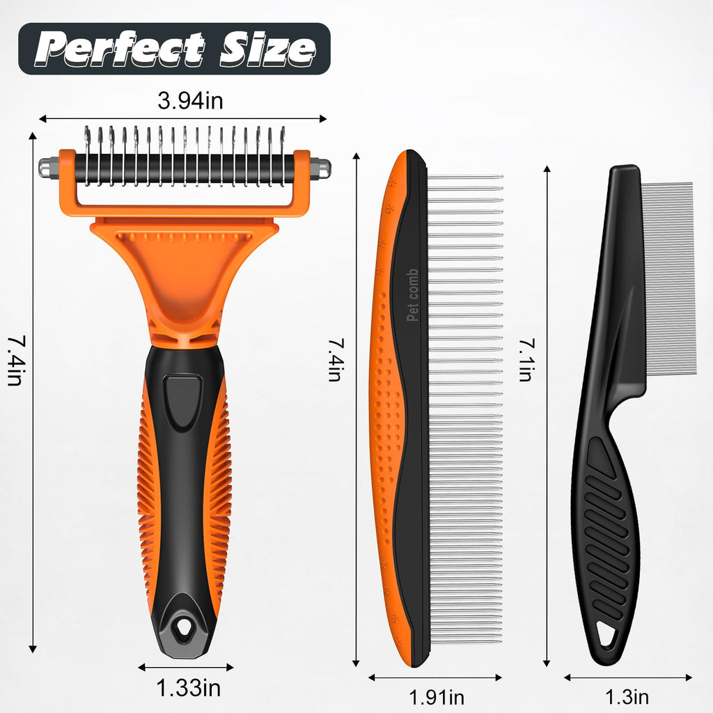 3PCS Pet Grooming Rake & Metal Comb & Flea Comb for Cats and Dogs, Double-Sided Dematting Tool, Extra-Wide Deshedding Dog Brush for Long Hair to Effectively Remove Tangles, Knots and Mats (Orange)