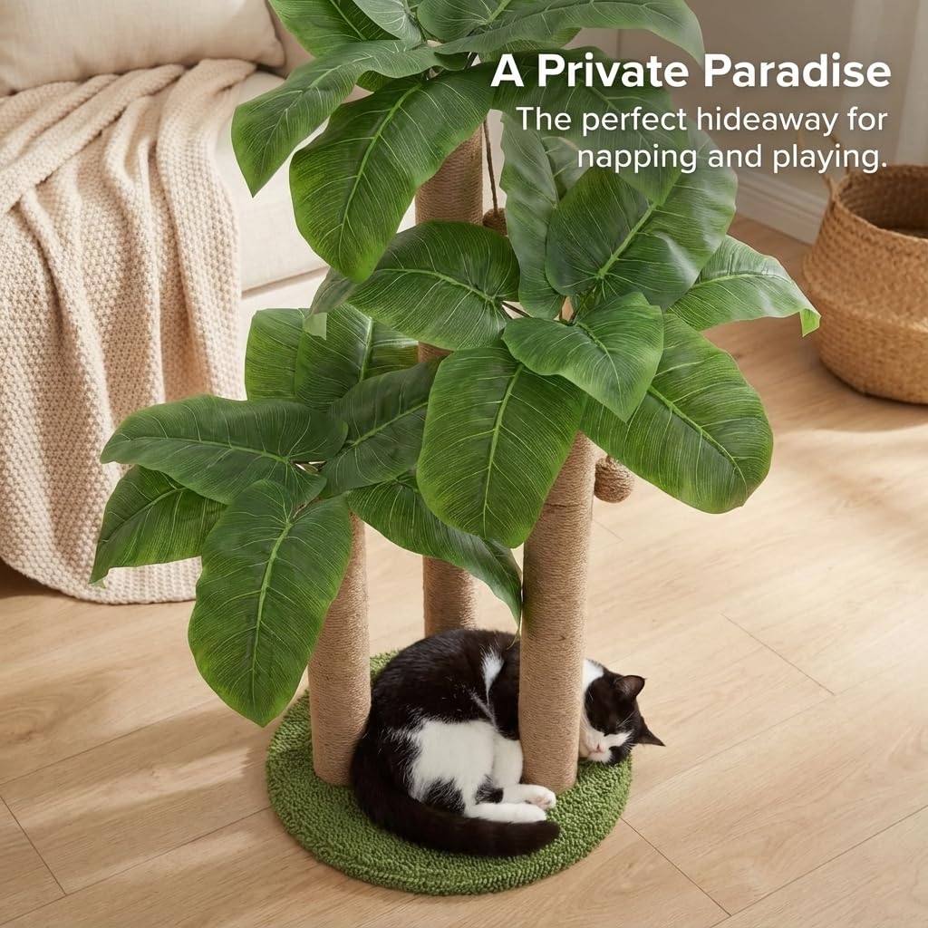 LEMONDA 31.5Inch Cat Scratching Post,Cat Scratcher Tree with 3 Scratching Poles & 2 Interactive Dangling Balls,Cats Scratching Posts for Indoor Kitten & Adult Cats