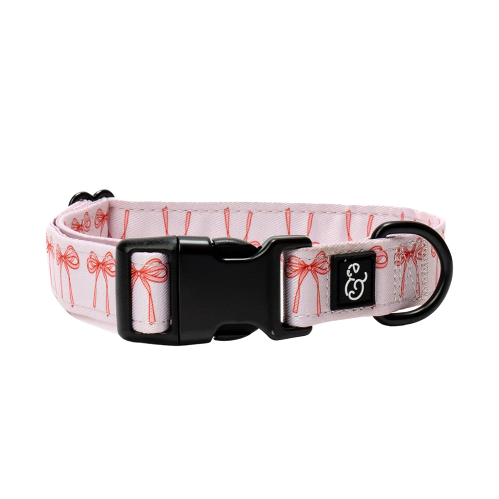 Lucy & Co. Ballet Bows Dog Collar - Durable Lightweight Designer Collar for Pets - Adjustable Metal Safety Buckle - White & Pink Bows - Large