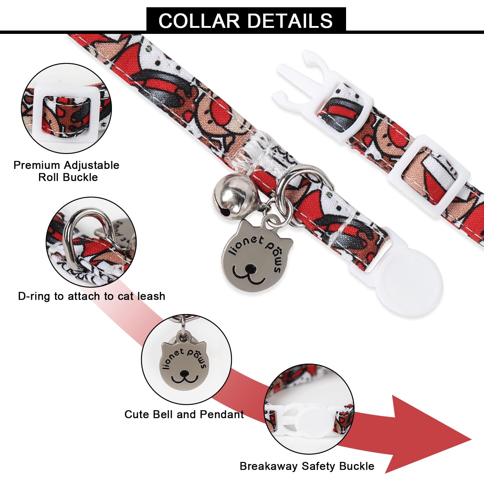 Lionet Paws 2pcs Pack Cotton Cat Collar,Breakaway Buckle Christmas Cat Colar with Santa,Red Green Dot Cute Adjustable Cat Kitten Collar,Ideal for Boy Cats