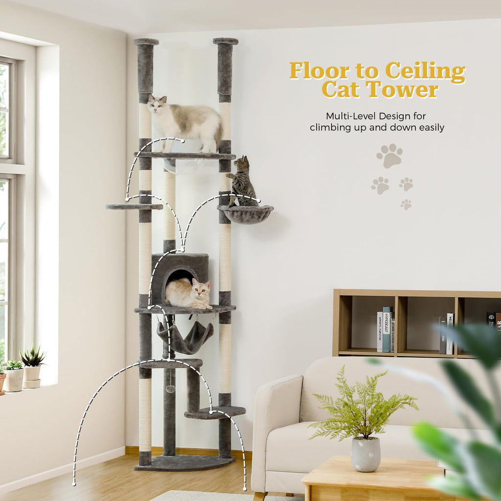 PETEPELA Floor to Ceiling Cat Tree, 92.9-101.6" Tall Cat Tower, Gray