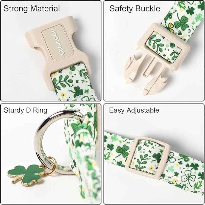 DOGWONG St Patrick's Dog Collar, Green Clover Pet Collar Cotton Holiday Pet Collar Cute Puppy Collar Adjustable Pet Dog Collars for Large Dogs,XL