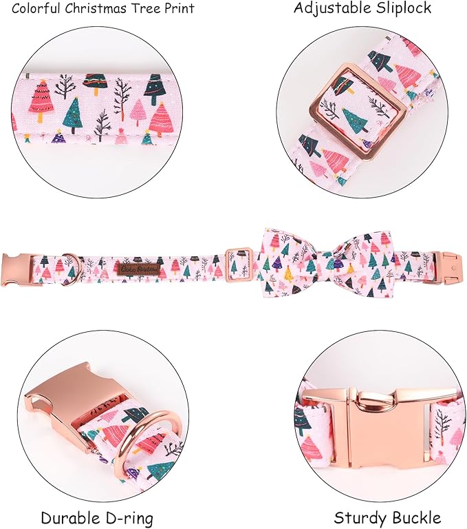 Bobo Rainbow Christmas Dog Collar, Pink Christmas Tree Soft Comfortable Collars with Bow Adjustable Pet Collar with Premium Metal Buckle Puppy Necklace for X-Small Girl Dogs