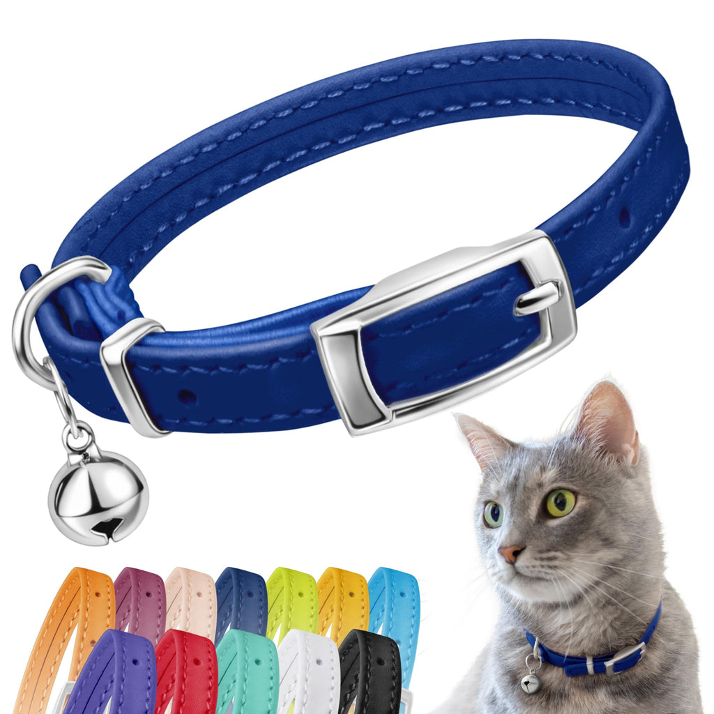 Soft Leather Cat Collar with Safety Elastic Strap - Navy Blue