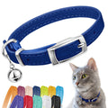 Soft Leather Cat Collar with Safety Elastic Strap - Navy Blue