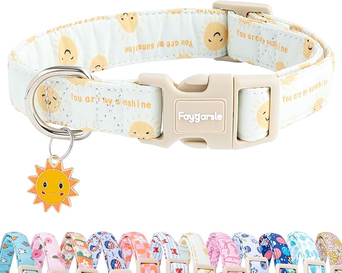 Faygarsle Sunshine Pattern Dog Collar, Adjustable Cotton Fabric, Cute Design for Small Medium Large Dogs, M