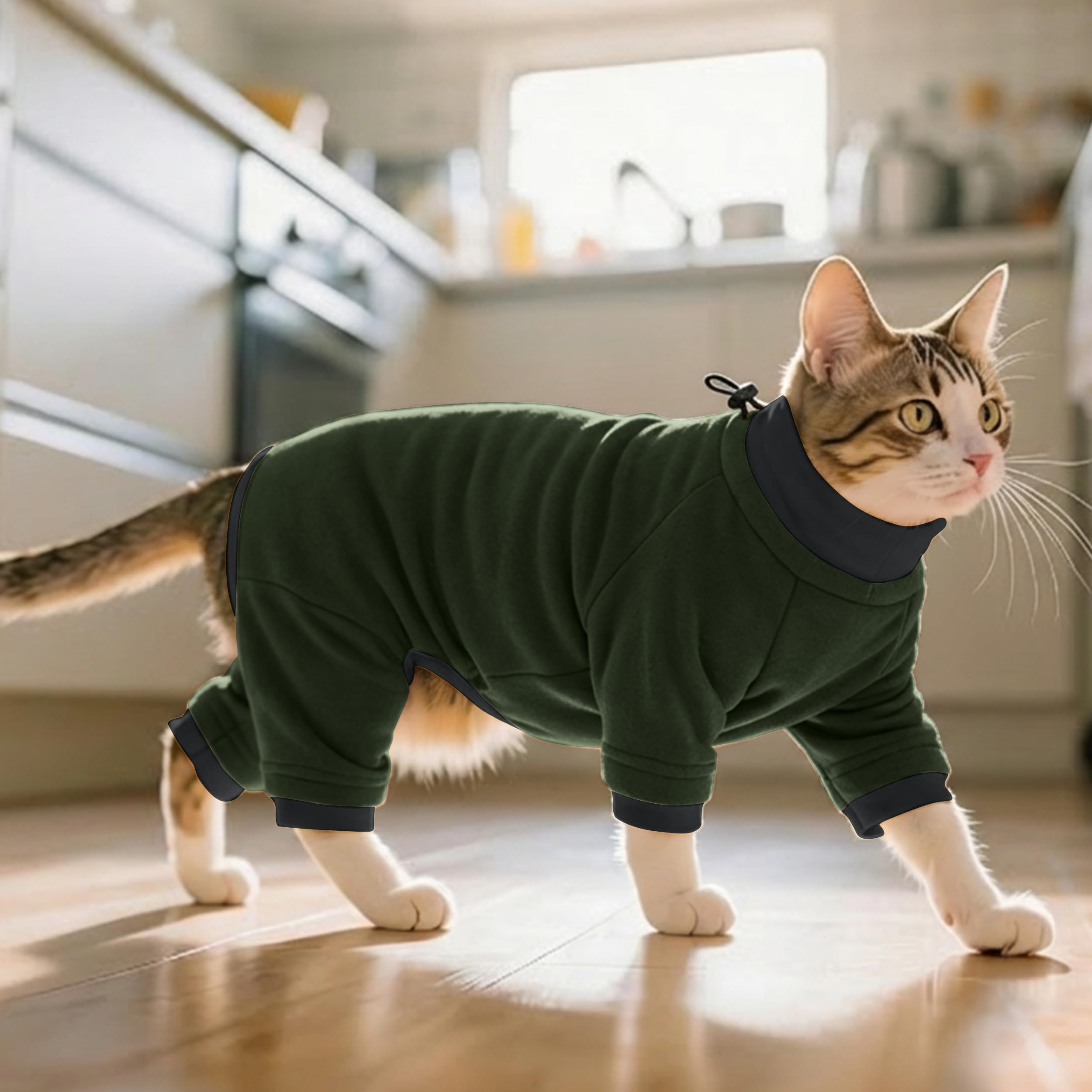 PUMYPOREITY Sticky Hair Cat Clothes, Prevent Hair Loss Cat Pajamas, Soft Cat Sweaters for Cats Only, Cat Hair Sticky Onesie, Cat Recovery Suit After Surgery, Green, XL
