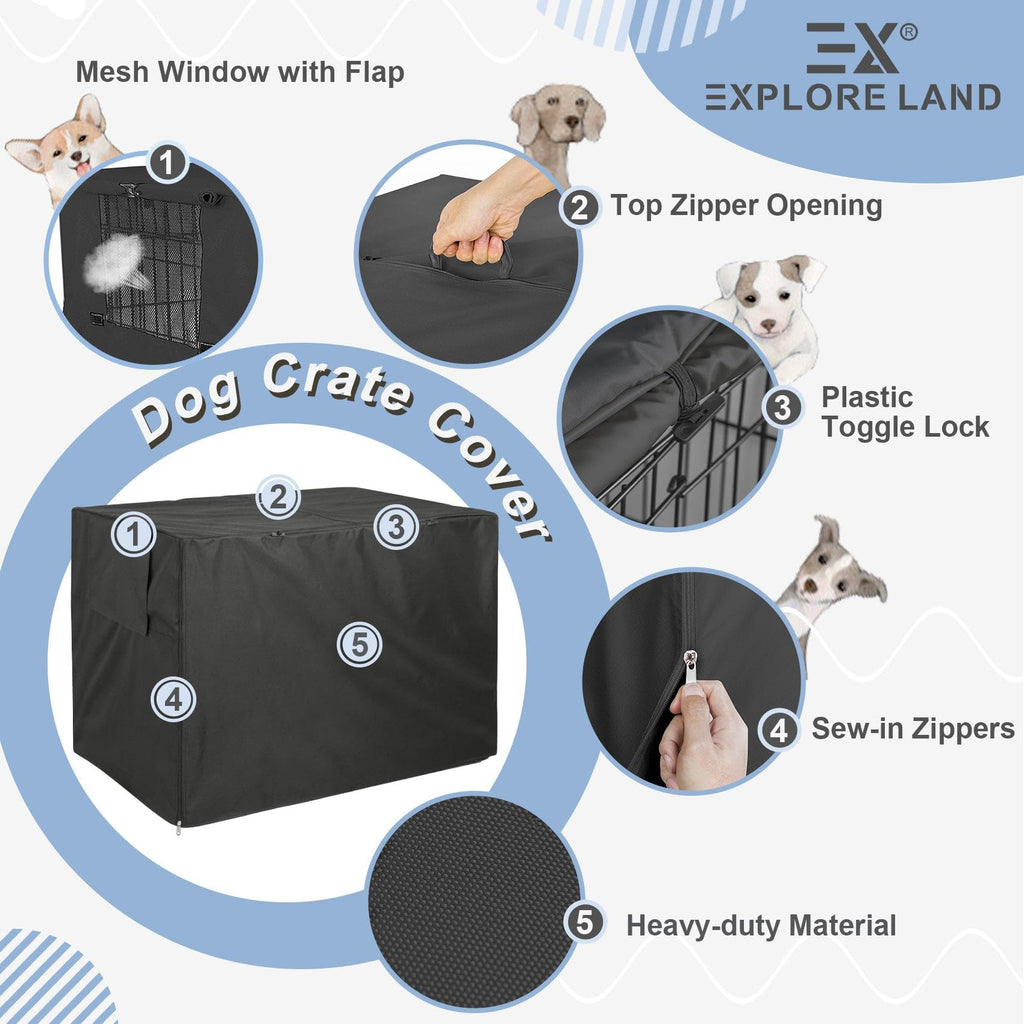 Explore Land Dog Crate Cover Heavy Duty Polyester Pet Kennel Sunshade Universal Fit for 54 inches Wire Cage (Black)