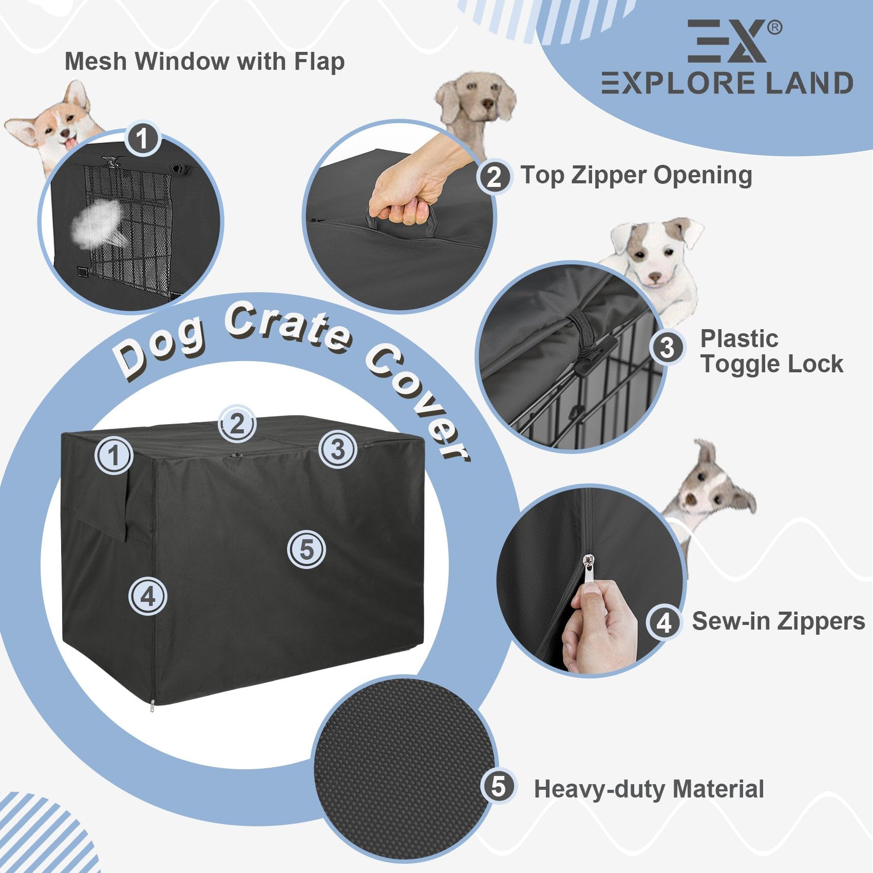 Explore Land Dog Crate Cover Heavy Duty Polyester Pet Kennel Sunshade Universal Fit for 54 inches Wire Cage (Black)
