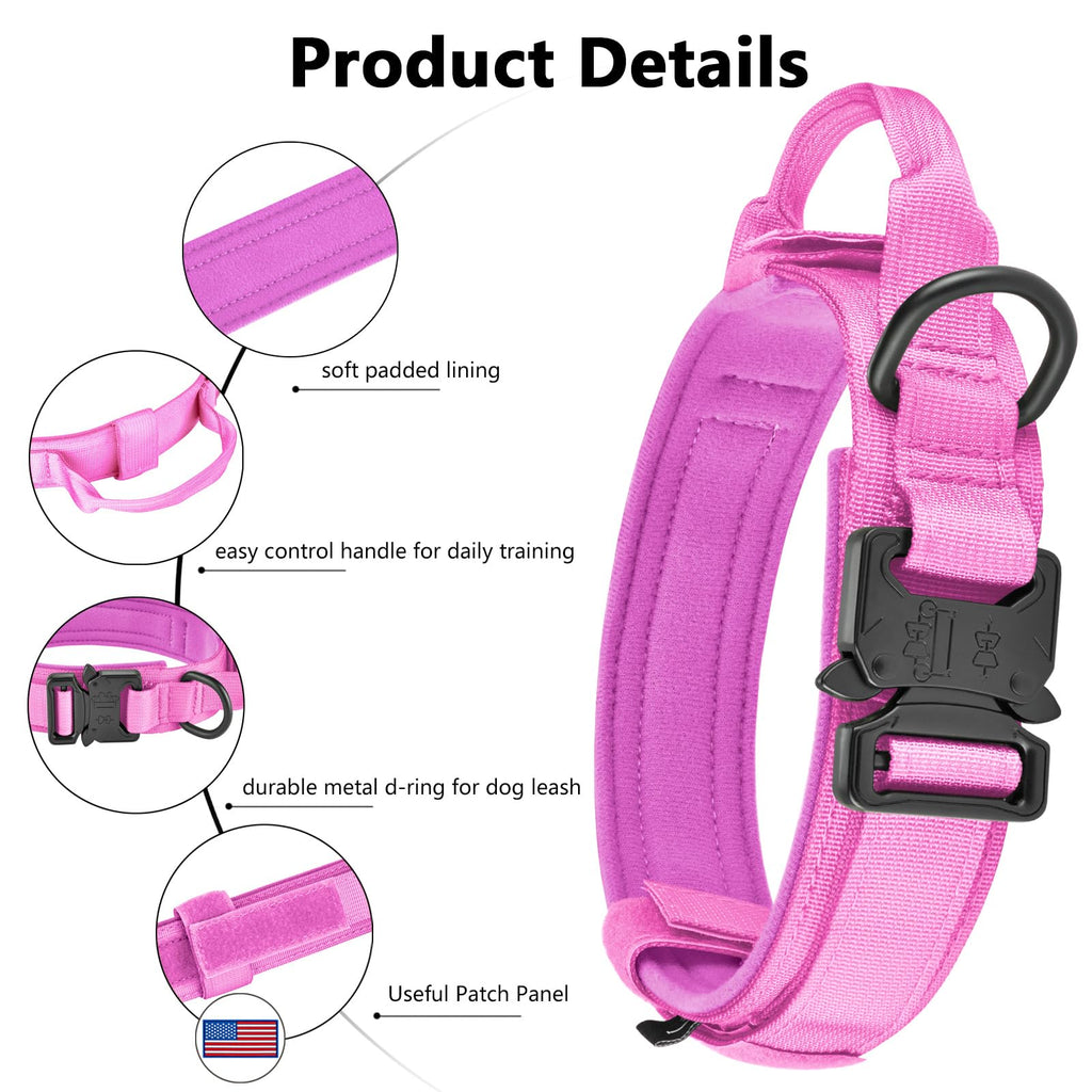 DAGANXI Tactical Dog Collar, Adjustable Military Training Nylon Dog Collar with Control Handle and Heavy Metal Buckle for Medium and Large Dogs, with Patches and Airtags Case (XL, Pink)