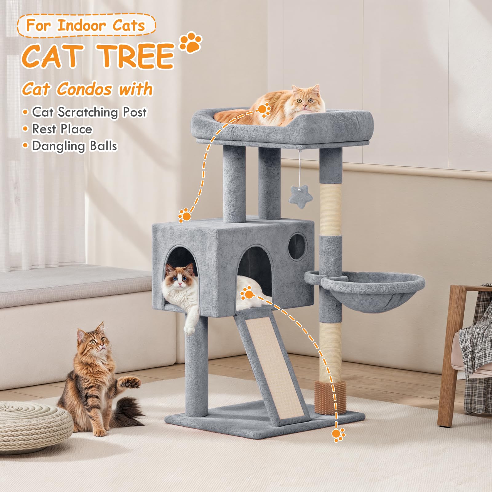 Polias 36-Inch Cat Tree Tower for Small and Medium Indoor Cats, Multi-Level Cat Furniture with Sisal Scratching Posts, Hammock, Condo & Scratching Board, Light Gray